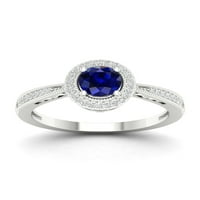 Империјал скапоцен камен 10К бело злато, исечено сино сафир КТ два дијамантски ореол, женски прстен