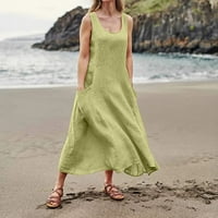 Облечи Жени Плус Макси Долго Со Џебови Еднобојна Памучна Ленена Облека Без Ракави Зелена 3xl