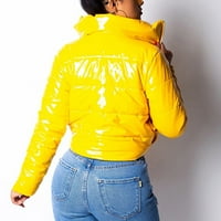 Пгерауг женски блузи Со Долги Ракави Сјаен Кожен Леб Надолу Јакна Патент Џебови зимски палта за жени Жолта 2XL