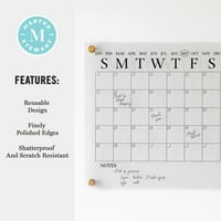 Марта Стјуарт Грејсон Акрилик сув календар на wallидот со сув маркер за бришење и хардвер за монтирање, 14 квадратни, чисти
