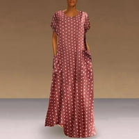 Макси Плус Џебови Празнична Големина Точка Лабава Печатење Краток Ракав Жени Полка Фустани Женски Моден Фустан