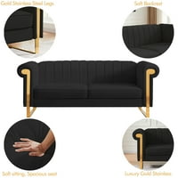 Aukfa Tufted Velvet Sofa Couch, 83 тапациран тросед на Честерфилд со заоблена златна нога на рака, седиште големи удобни каучи софи за дневна соба, црна