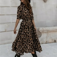 Мода Печатени Долг Фустан Стојат Јака Еден Леопард Фустан Кратки Фустани За Тинејџери Лето Партија Фустан