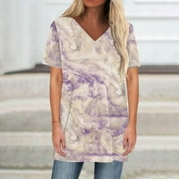 Лејлајреј Женска Блуза Женска Мода Секојдневен Принт V-Вратот Кратки Ракави Печатена Маица Светло Виолетова XL