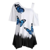 Giligiliso Клиренс Врвови Жени Ладно Рамо Пеперутка Печати Краток Ракав Плус Големина Кошула Блуза