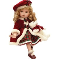 Нортлајт 18.5 Порцелан Сара Во Карирани Зимски Фустан Седи Колекционерски Божиќ Кукла