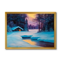 DesignArt „Стара кабина во зимска шума во вечерниот сјај II“ Традиционално врамен уметнички принт