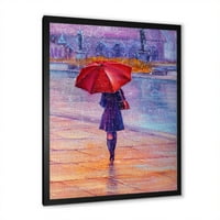 DesignArt 'Девојче одење со црвен чадор под дождот' Француска земја врамена уметничка принт