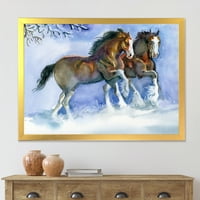 Коњи за дизајн, кои работат во зима на сина куќа, врамена уметничка печатење