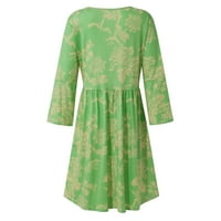 Готју Фустани Женска Мода Секојдневен Елегантен Цветен Принт Три Четвртини Ракав Фустан Со Средна Должина Зелен XL