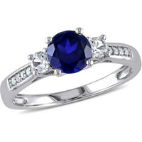 1- Карат Т.Г.В. Создадено сино-бел сафир дијамант-акцент 10kt бело злато три камен прстен