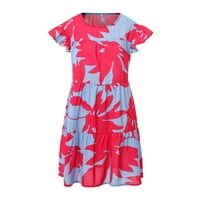 Жените Краток Ракав Цветни Мода Должина На Коленото А-Линија Круг Деколте Летен Фустан Топла Розова 2XL