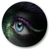 DesignArt „Womanените очи со зелена и пурпурна пигмент и искри“ модерна метална wallидна уметност - диск од 29