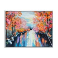 Реката преку портокалова есенска шума врамена сликарско платно уметничко печатење
