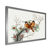Цветна гранка на дрво со две кинески птици врамени со сликарско платно уметничко печатење