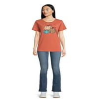 Positivitees женска есенска графичка маица, сезонски трио од тиква од кратки ракави, големини S-3XL