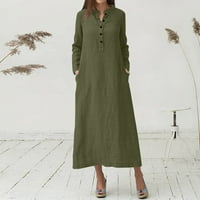 Летни Фустани За Жени Долги Ракави А-Линија Должина На Глуждот Мода Печатени V-Вратот Фустан Армија Зелена XL