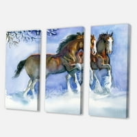 Коњи кои работат во зима на сино сликарство платно уметнички принт