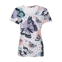 Женски Лето Блузи Женска Мода Обичните V-Вратот Краток Ракав Пеперутка Печати Блуза Дами Врвот Сина XL