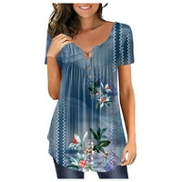 Блузи За Жени V-Вратот Цветни Блуза Краток Ракав Пуловер Сина 5XL