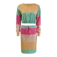 Женски Фустани Со Долги Ракави И Проверка На Печатење Жица За Влечење Здолниште Во Собата Секојдневен Фустан