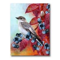Затворете малку сива птица на црвена есен на боровинки со гранка за сликање на платно уметнички принт