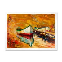 DesignArt 'Црвено -бели чамци покрај пирсот' Наутички и крајбрежен врамен уметнички принт