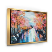 Дизајн на реката „Реката преку портокалова есенска шума“ езерото куќа врамена платно wallидна уметност печатење