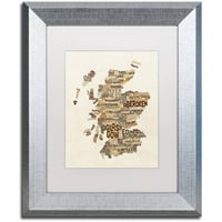 Трговска марка ликовна уметност Шкотска типографија мапа 3 платно уметност од Мајкл Томпсет, бел мат, сребрена рамка
