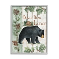 Sumbell Industries Black Bear Lodge Rustic Cabin Botanicals Sign Graphic Art Grey Framed Art Print Wall Art, Design by Emma