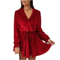 Дозволи со Фустани со Долги ракави за жени,секојдневен,симпатичен ,есенски моден,Црвен, Моден Женски Елегантен Појас Со Цврста Боја Фустан Со Долги ракави