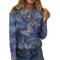 Топла Продажба Женски Обични Модни Цветни Печати Долги Ракави О-Вратот Пуловер Врвот Блуза, Кралската Сина, XL